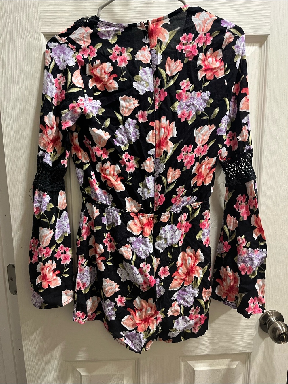 Forever 21 Black Floral Lace Trim Romper with Pink & Lavender Blooms - Picture 3 of 4